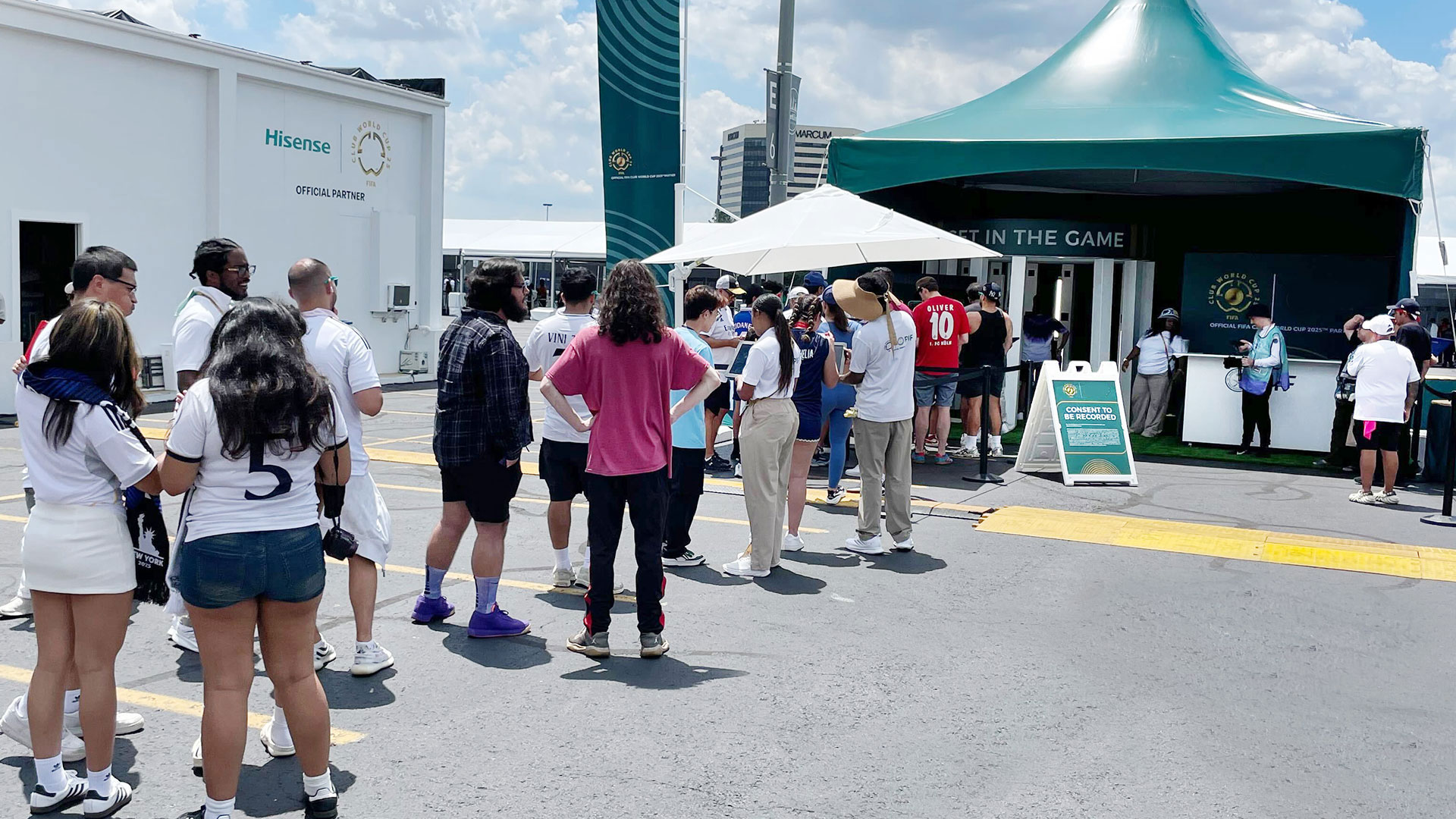 Fans waiting in line for the FIFA Club World Cup fan activation at MetLife Stadium.