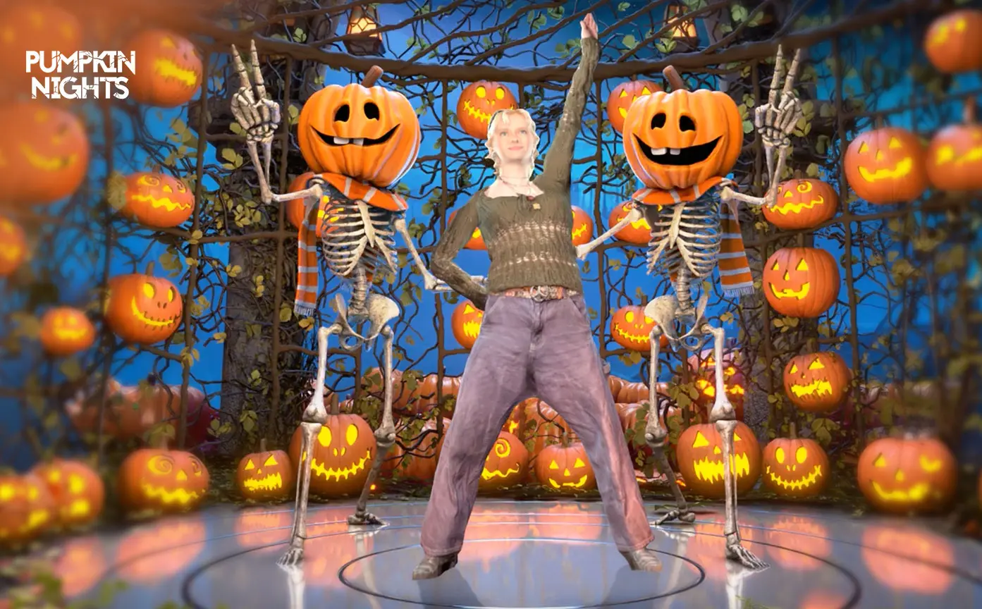 A scanned fan avatar dancing in a personalized Pumpkin Nights video.