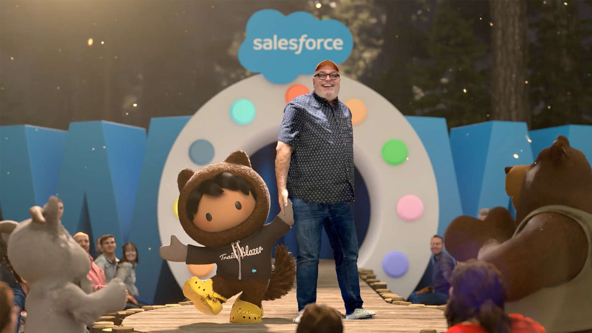 A scanned fan avatar striking a pose on the runway in a personalized Salesforce Runway video.