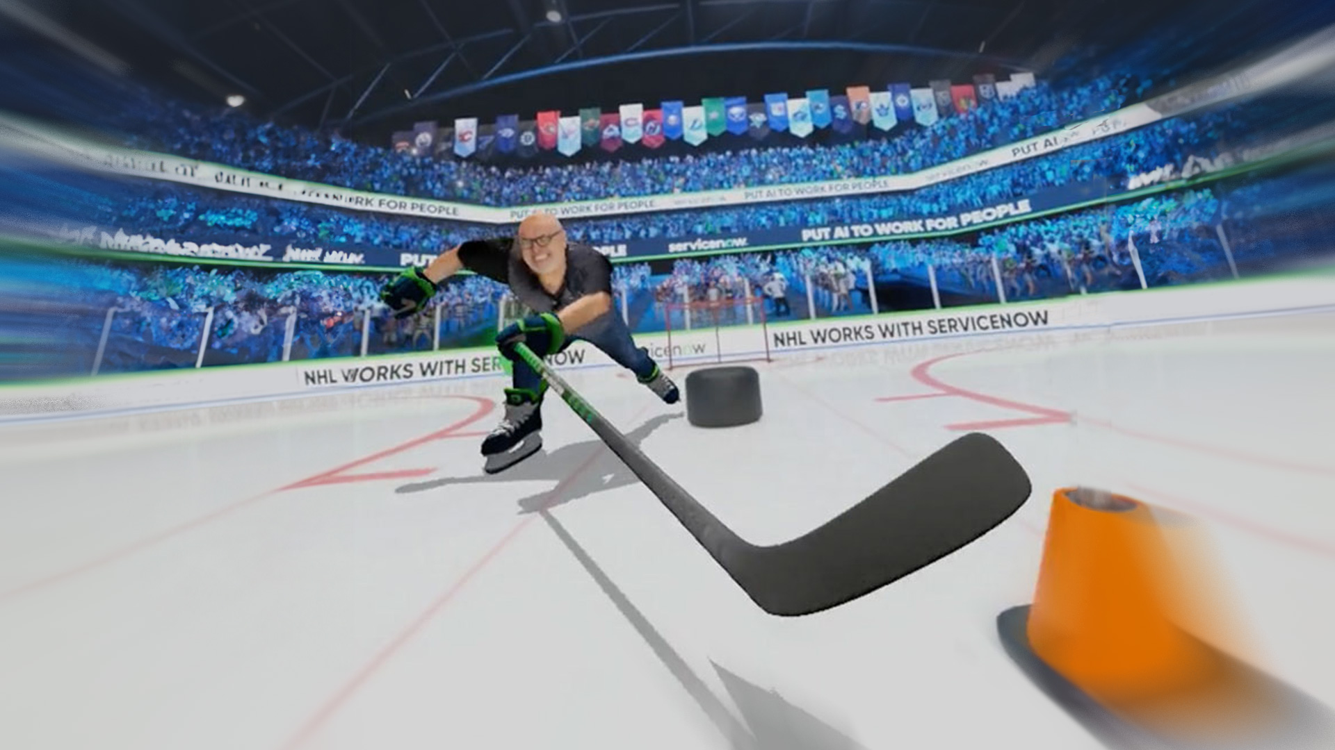 A scanned fan avatar skating in a personalized ServiceNow NHL Shot Challenge video.