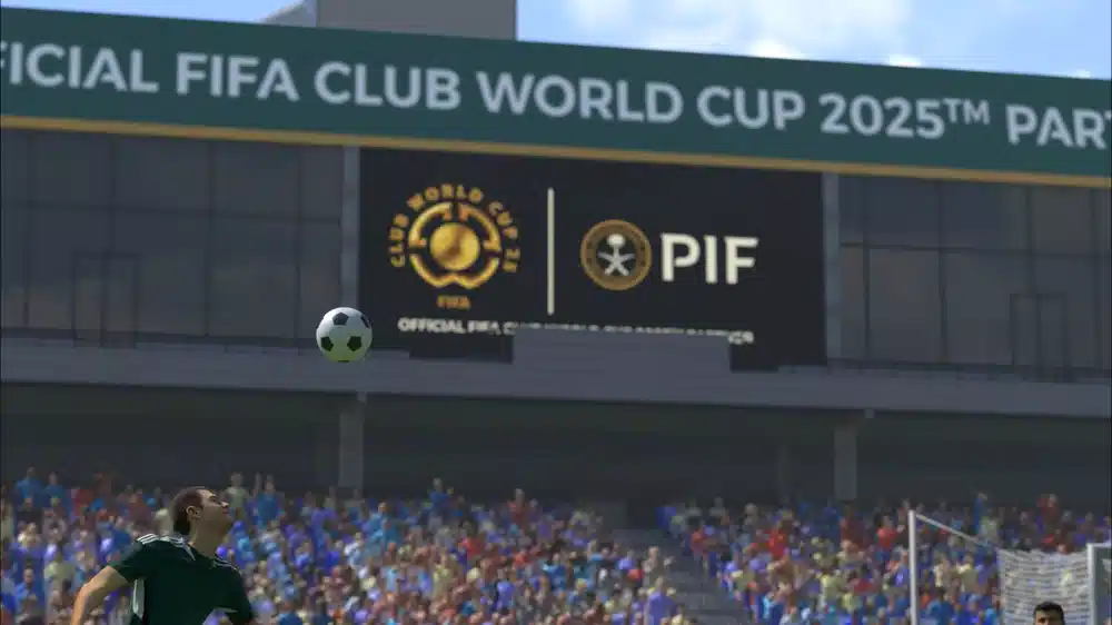A player passing the ball to a scanned fan avatar to score the winning goal in a personalized FIFA Club World Cup highlight.