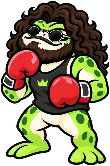 Daniel as a toad: curly hair, beard, round sunglasses and boxing gloves