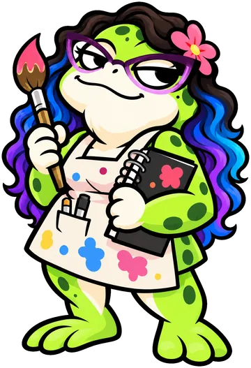 Josy as a toad: long blue-and-purple hair, cat-eye glasses and a paint apron
