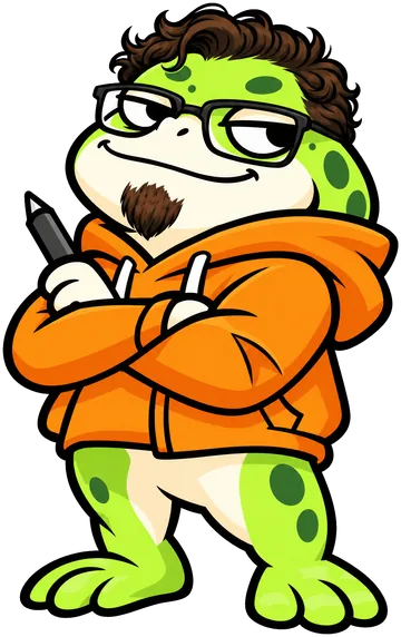 Luis as a toad: curly hair, glasses, goatee and an orange hoodie